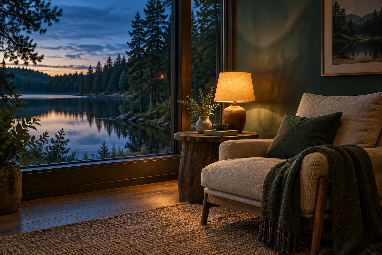 A warm light beside a book in a quiet room overlooking a lake.